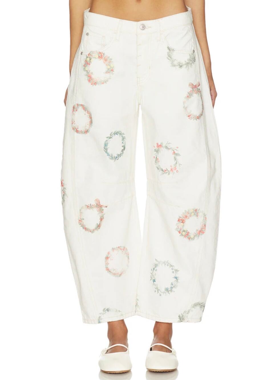 We The Free Good Luck Printed Barrel Jeans | "Wreath Watercolor" | Size 30
